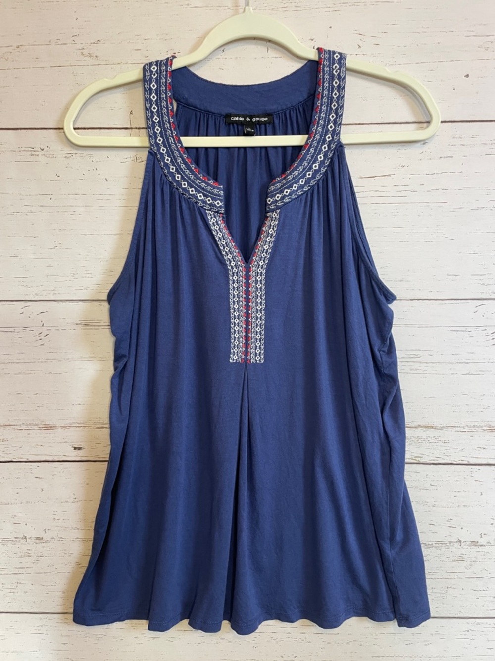 Cable & Gauge Blue Tank Top with Red and White Embroidered Trim, size L